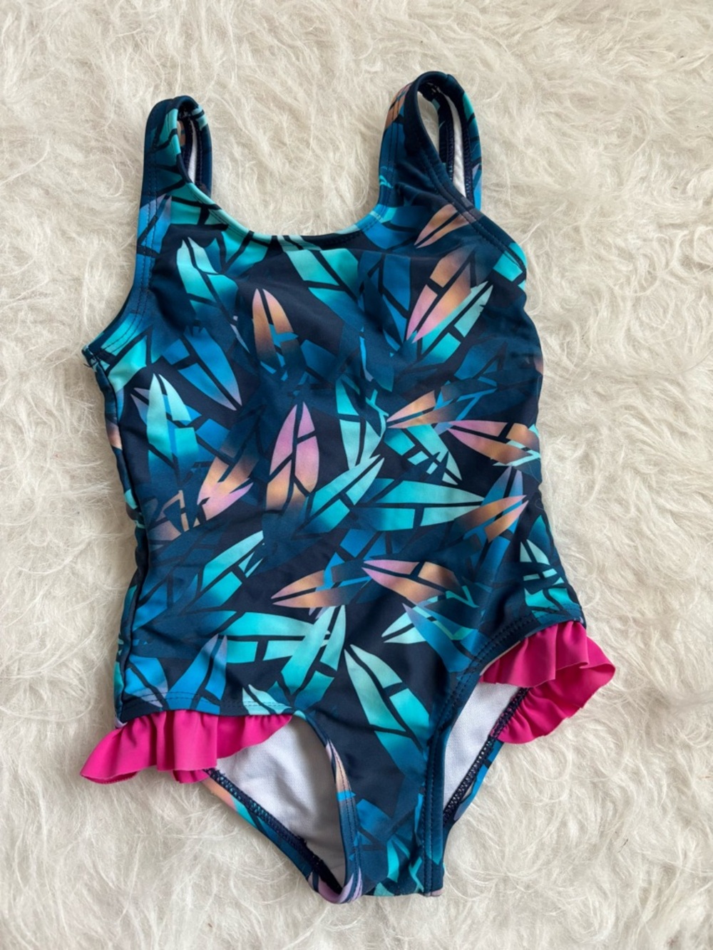 Ingear Toddler Girls' Navy Tropical Leaf One-Piece Swimsuit with Pink Ruffle